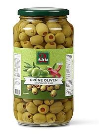 Oliven, grün, gefüllt mit Paprikapaste 